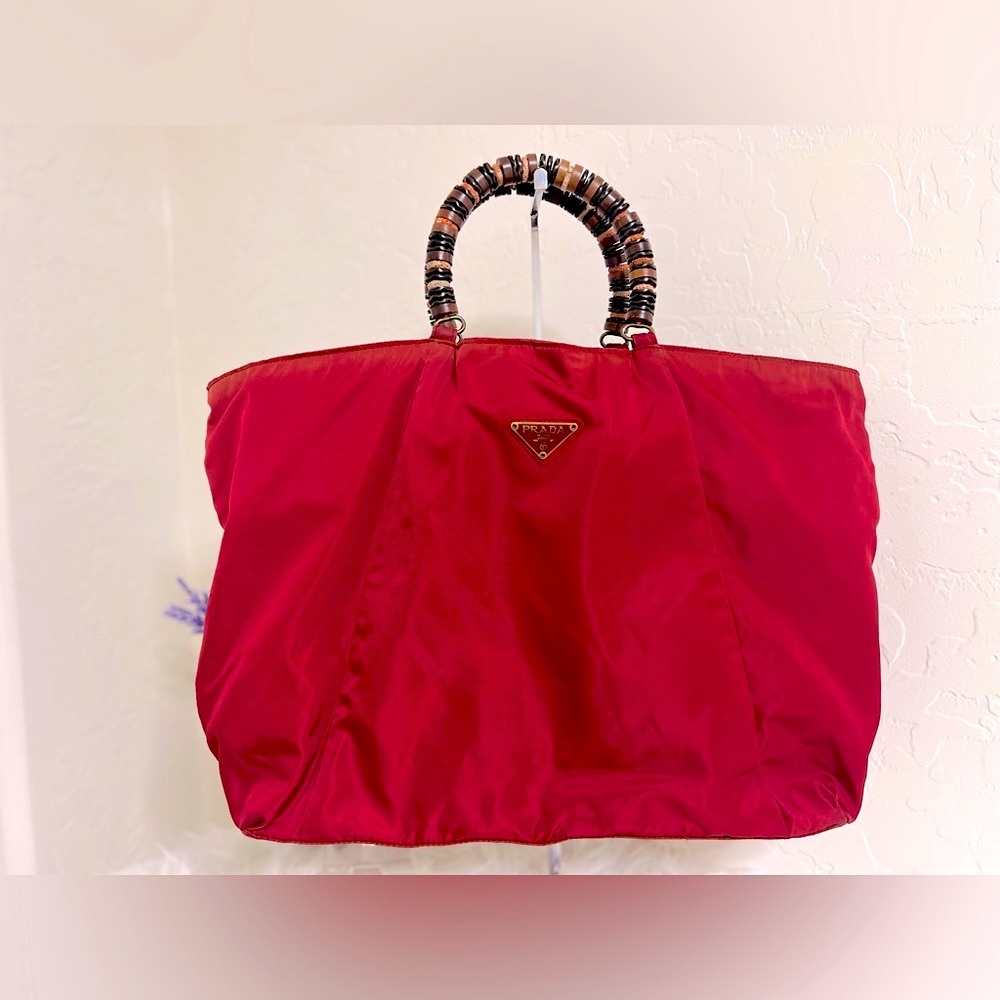 PRADA Tessuto Nylon Tote with Wooden Handles